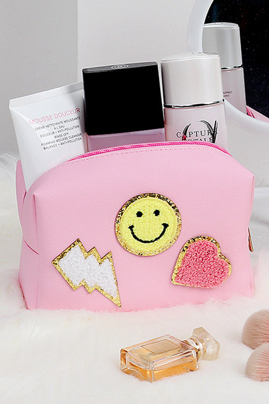 Pink Smiley Face Chenille Patched PU Zipper Makeup Bag Makeup Bags JT's Designer Fashion