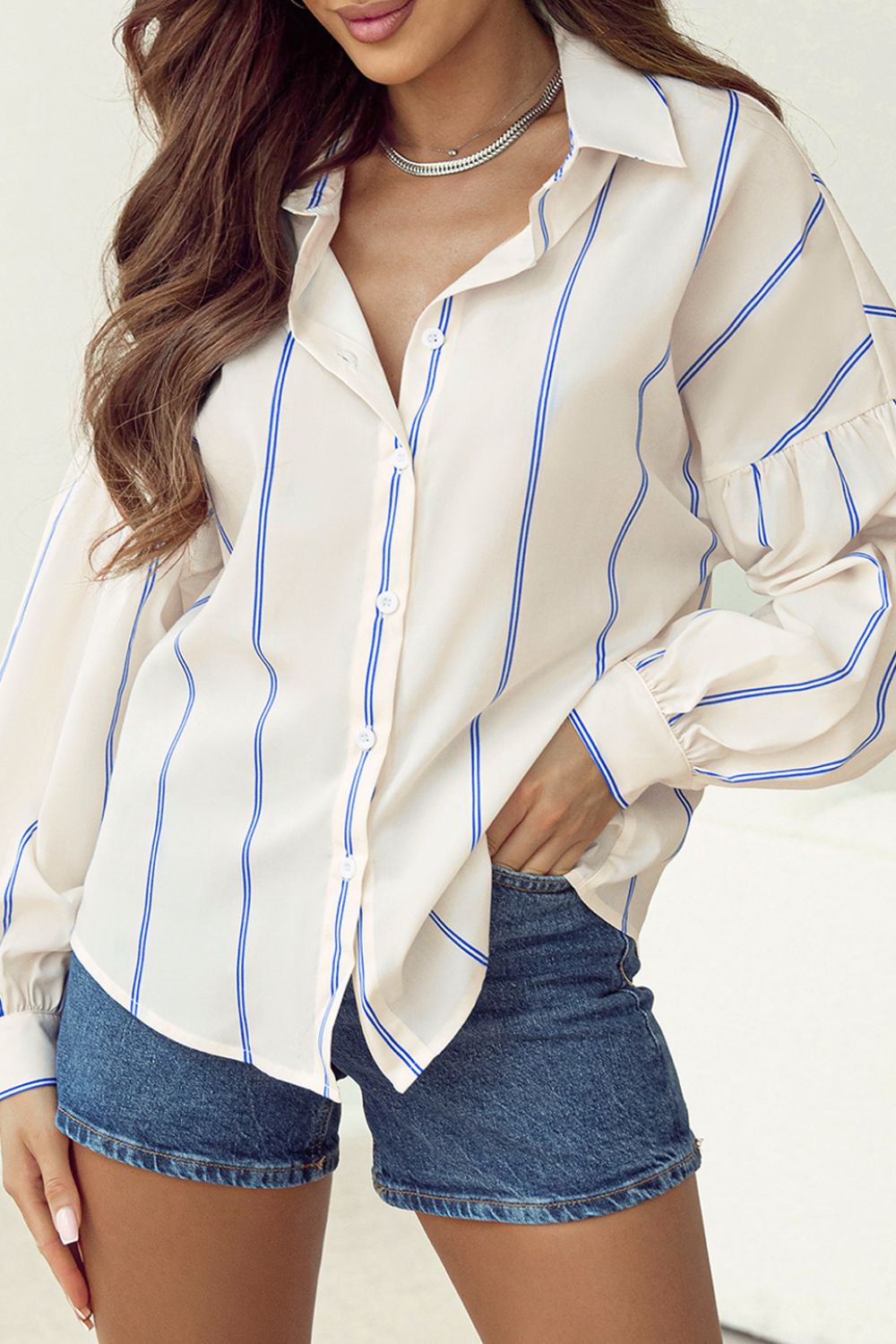 Stripe Drop Shoulder Long Sleeve Shirt White Long Sleeve Tops JT's Designer Fashion