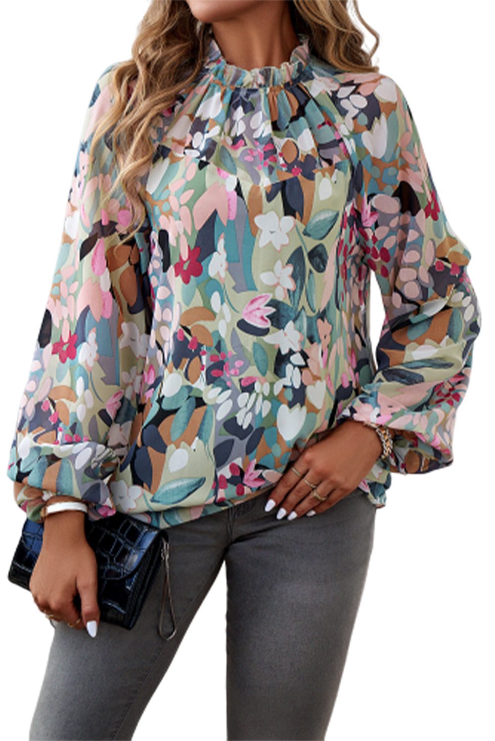 Green Printed Floral Bubble Sleeve Frill Mock Neck Blouse Blouses & Shirts JT's Designer Fashion