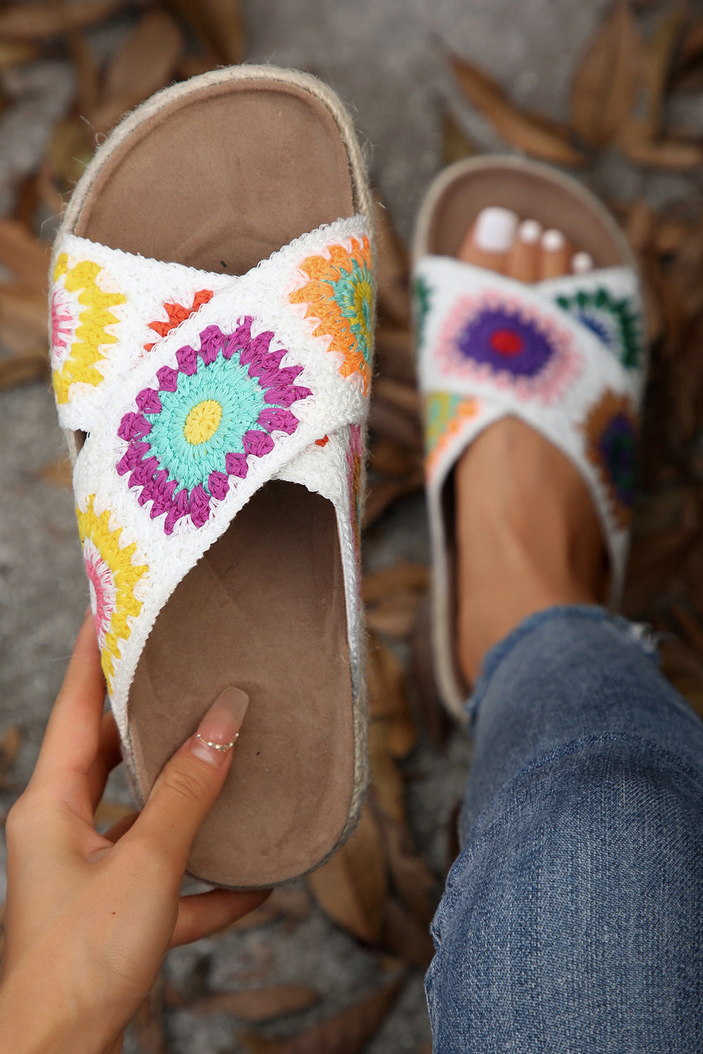 White Boho Crochet Crossover Slippers Slippers JT's Designer Fashion