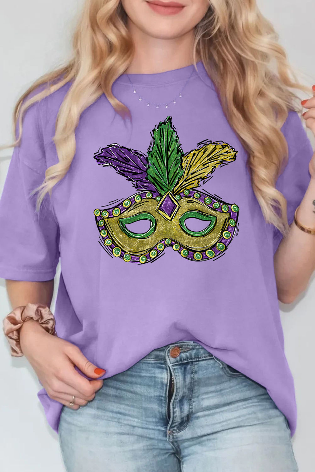 Wisteria Mardi Gras Mask Graphic Crew Neck Festival T Shirt Graphic Tees JT's Designer Fashion