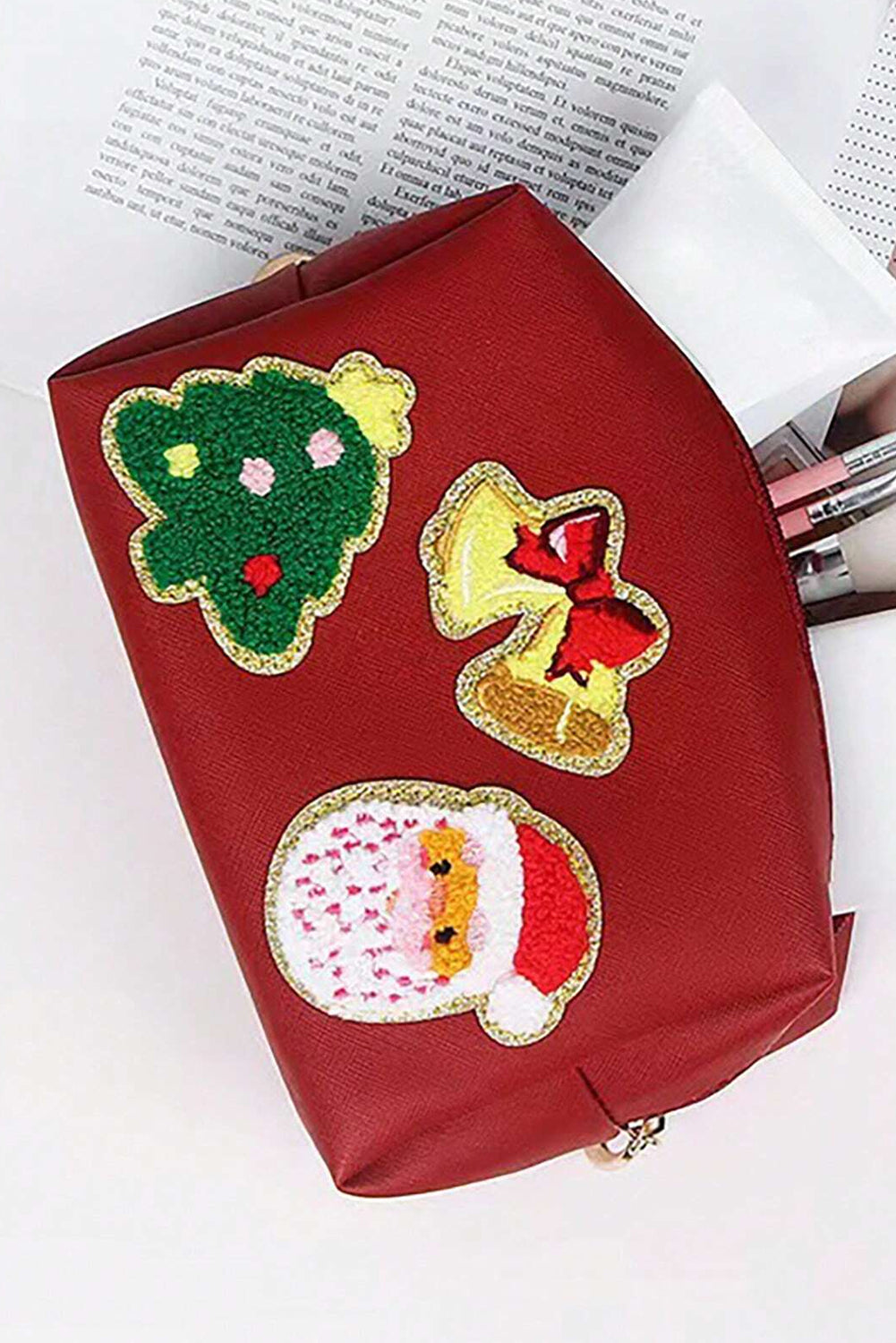 Fiery Red Christmas Pattern Chenille Patched PU Zipper Makeup Bag Makeup Bags JT's Designer Fashion