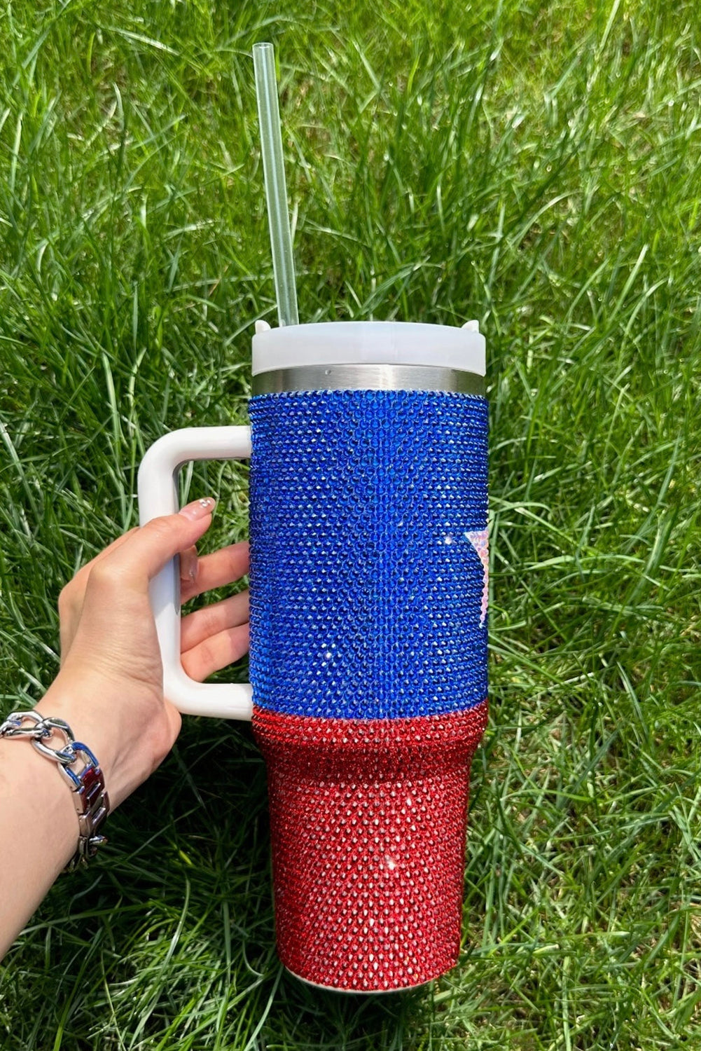 Dark Blue American Flag Star Full Rhinestone Handle Tumbler 40oz Tumblers JT's Designer Fashion