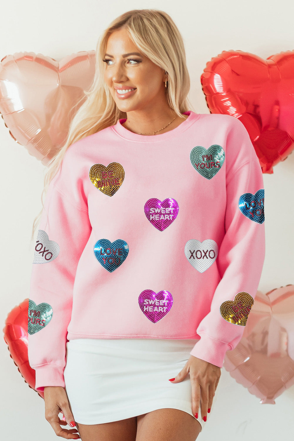 Pink Sequin Romantic Letters Heart Graphic Valentines Sweatshirt Graphic Sweatshirts JT's Designer Fashion