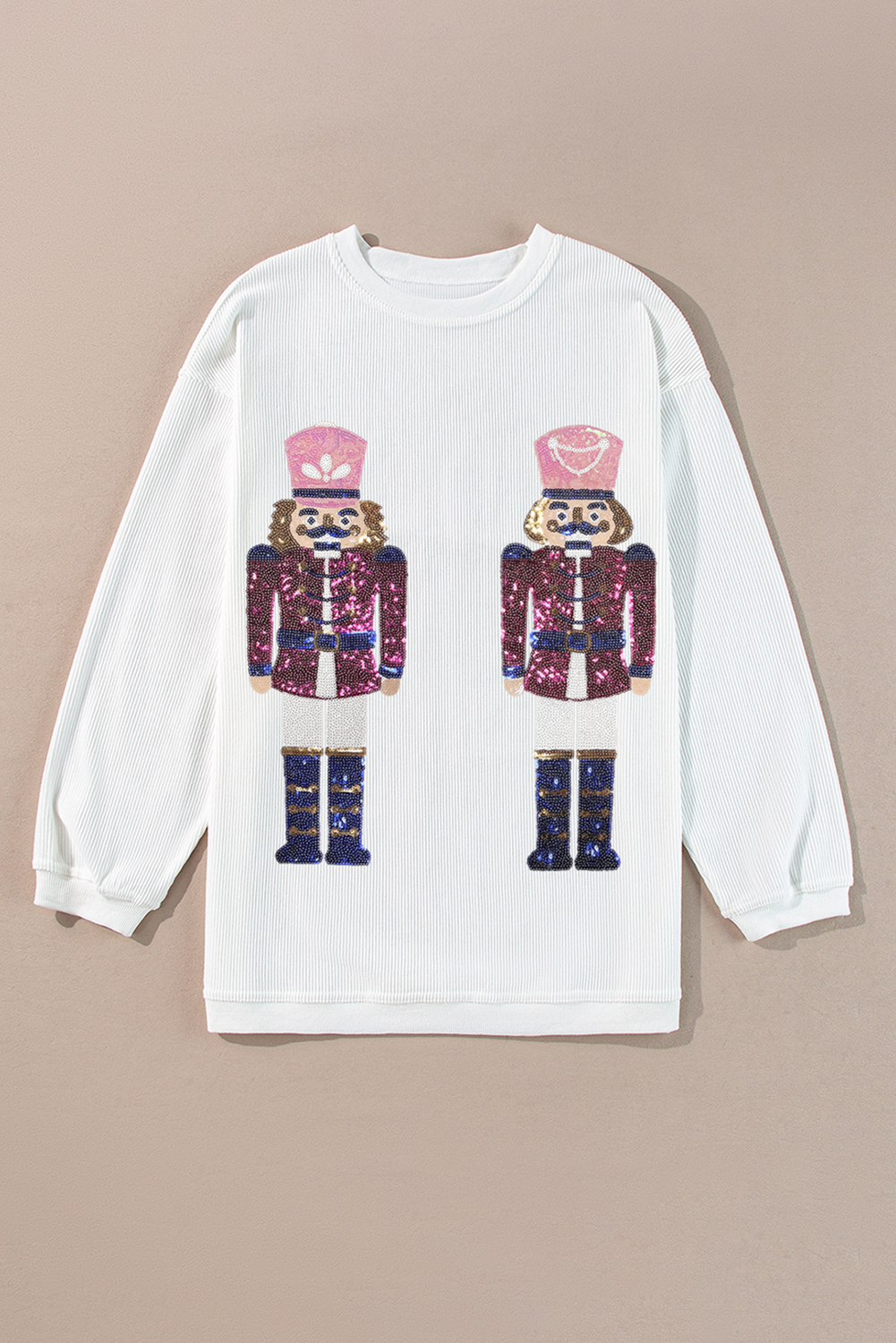 White Sequined Nutcracker Doll Christmas Fashion Corded Baggy Sweatshirt Graphic Sweatshirts JT's Designer Fashion