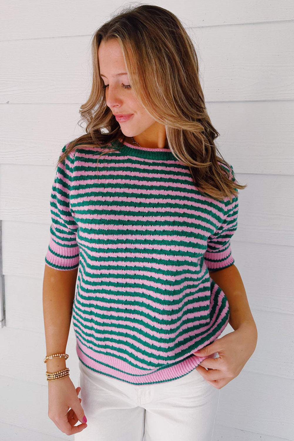 Green Stripe Striped Eyelet Knit Puff Sleeve Sweater Tee Pre Order Sweaters & Cardigans JT's Designer Fashion