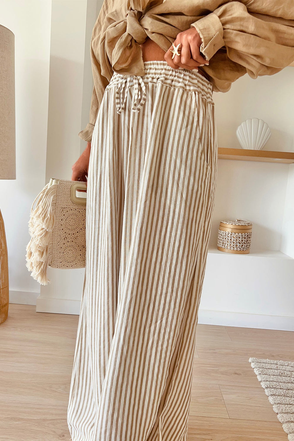 Khaki Stripe Plus Size Drawstring High Waist Wide Leg Pants Plus Size Bottoms JT's Designer Fashion