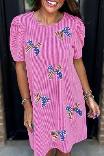Bright Pink Flag Pattern Inspired Sequin Bow Spiral Ribbed Puff Sleeve T Shirt Dress