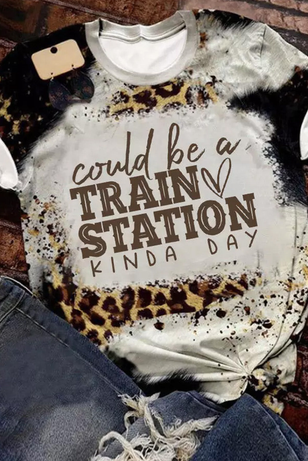 Brown TRAIN STATION Graphic Leopard Print T Shirt Graphic Tees JT's Designer Fashion