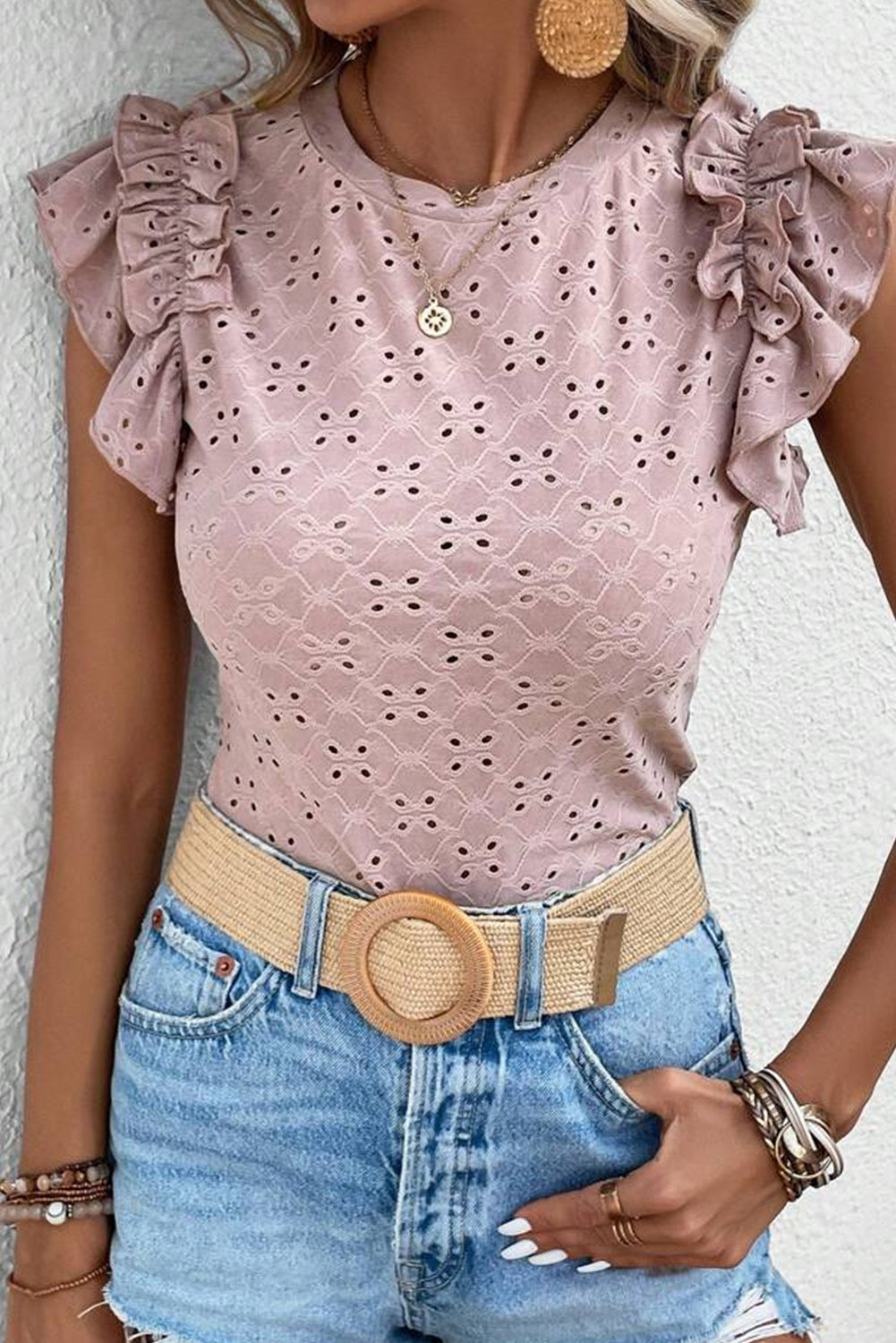 Pink Ruffle Trim Sleeve Eyelet Embroidery Top Tops & Tees JT's Designer Fashion