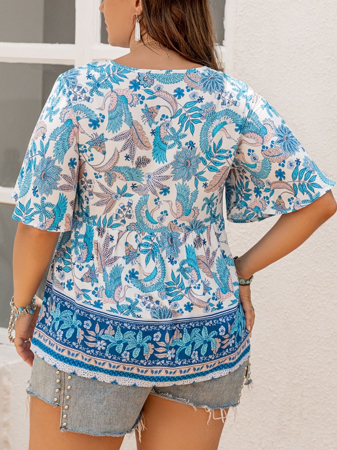 Plus Size Printed V-Neck Half Sleeve Blouse Blouses & Shirts JT's Designer Fashion