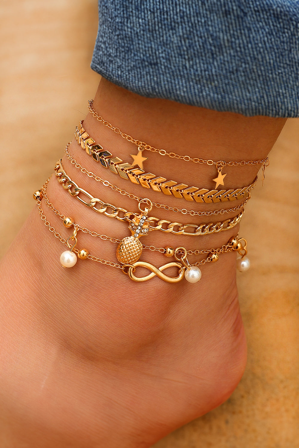 Gold Pineapple Pearl Star Shape Adjustable Chain Anklet Set Jewelry JT's Designer Fashion