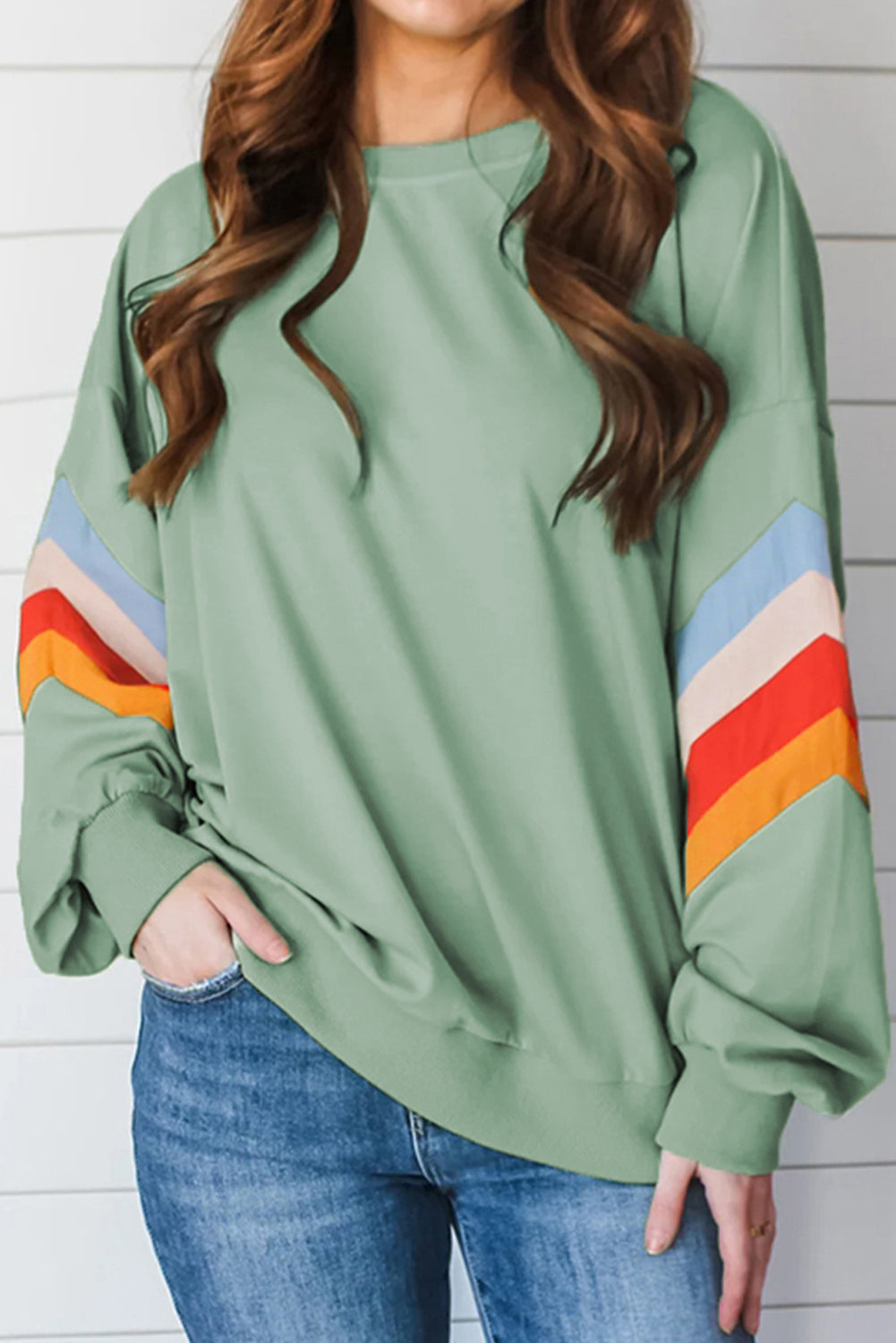 Moonlight Jade Rainbow Striped Sleeve Crew Neck Loose Sweatshirt Sweatshirts & Hoodies JT's Designer Fashion