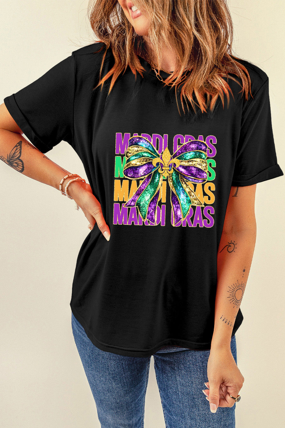 Black MARDI GRAS Fleur de Lis Bowknot Printed Crewneck Tee Graphic Tees JT's Designer Fashion