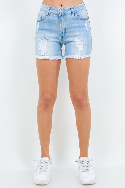 American Bazi High Waist Distressed Frayed Denim Shorts Blue Denim Shorts JT's Designer Fashion