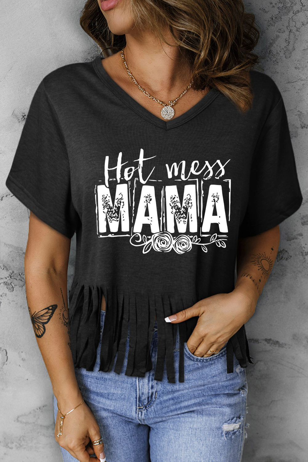 Black MAMA Hot Mess Fringed Hem V Neck T Shirt Graphic Tees JT's Designer Fashion