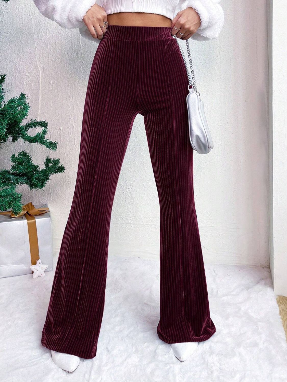 High Waist Flare Pants Burgundy Pants & Culotte JT's Designer Fashion