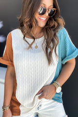 Light Blue Textured Color Block Loose Fit Crewneck T Shirt Tops & Tees JT's Designer Fashion