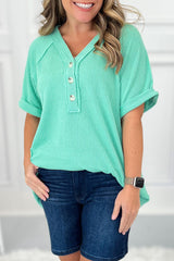 Mint Green Corded Button V Neck Raglan Sleeve T Shirt Pre Order Tops JT's Designer Fashion