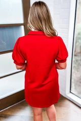 Fiery Red Textured Collared V Neck Puff Short Sleeve Shift Mini Dress Mini Dresses JT's Designer Fashion