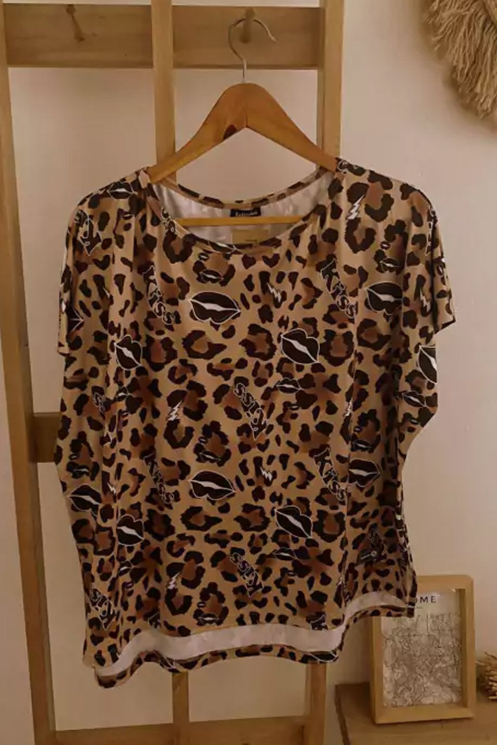 Khaki Leopard Kiss Lip Print Loose Two Piece Lounge Set Loungewear JT's Designer Fashion