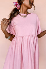 Light Pink Solid Color Pocketed Raw Edge Babydoll Dress Mini Dresses JT's Designer Fashion