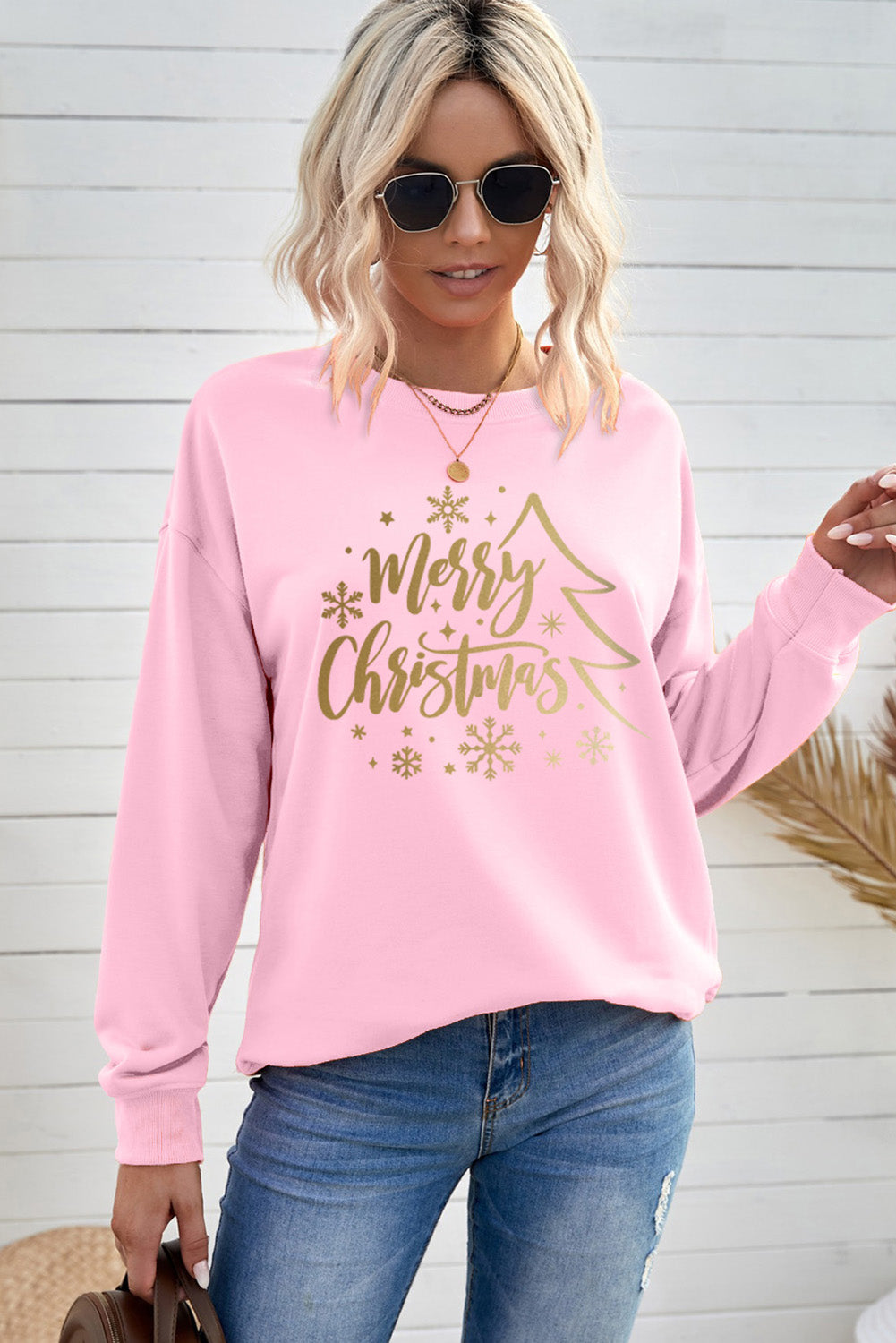 Pink Merry Christmas Snowflake Glitter Print Pullover Sweatshirt Graphic Sweatshirts JT's Designer Fashion