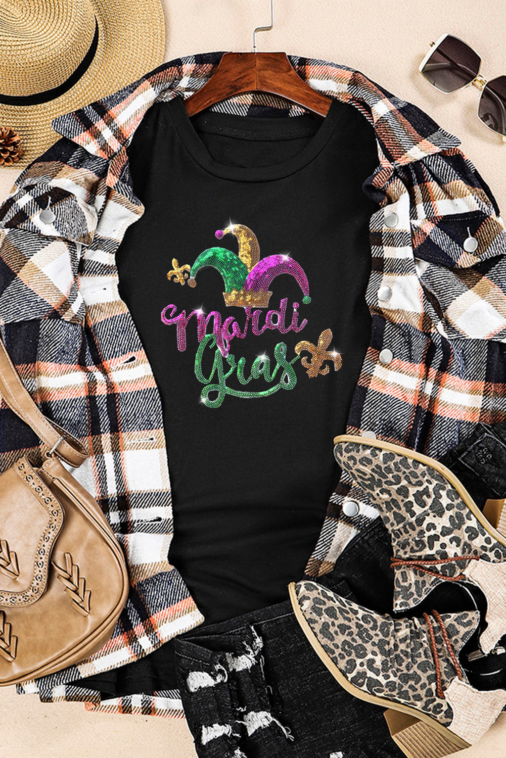 Black Mardi Gras Sequin Pattern Crew Neck T Shirt Graphic Tees JT's Designer Fashion
