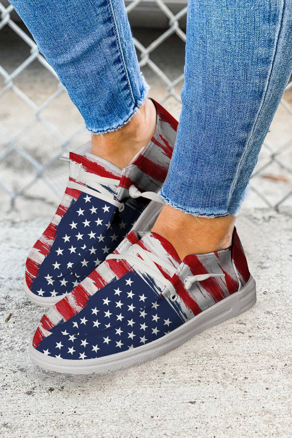 Red Fourth of July Flag Pattern Lace-up Flat Shoes Women's Shoes JT's Designer Fashion