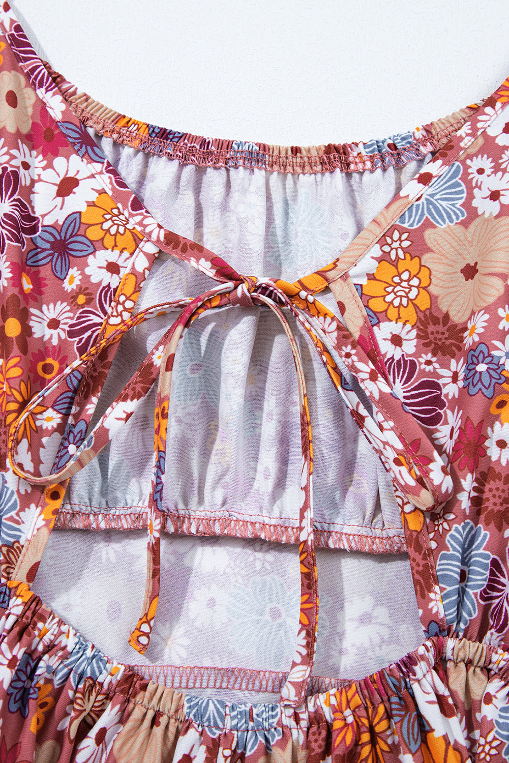 Red Floral Puff Sleeve Square Neck Knot Open Back Mini Dress Floral Dresses JT's Designer Fashion