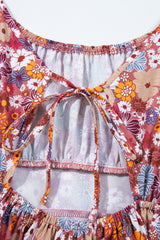 Red Floral Puff Sleeve Square Neck Knot Open Back Mini Dress Floral Dresses JT's Designer Fashion