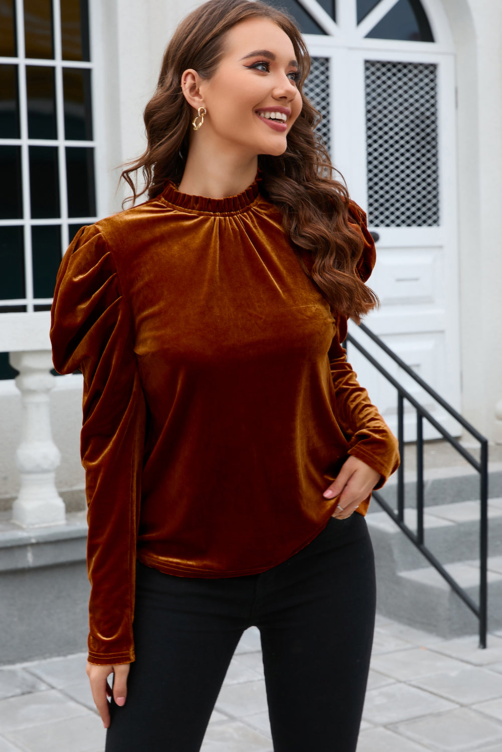 Frill Mock Neck Puff Sleeve Blouse Long Sleeve Tops JT's Designer Fashion