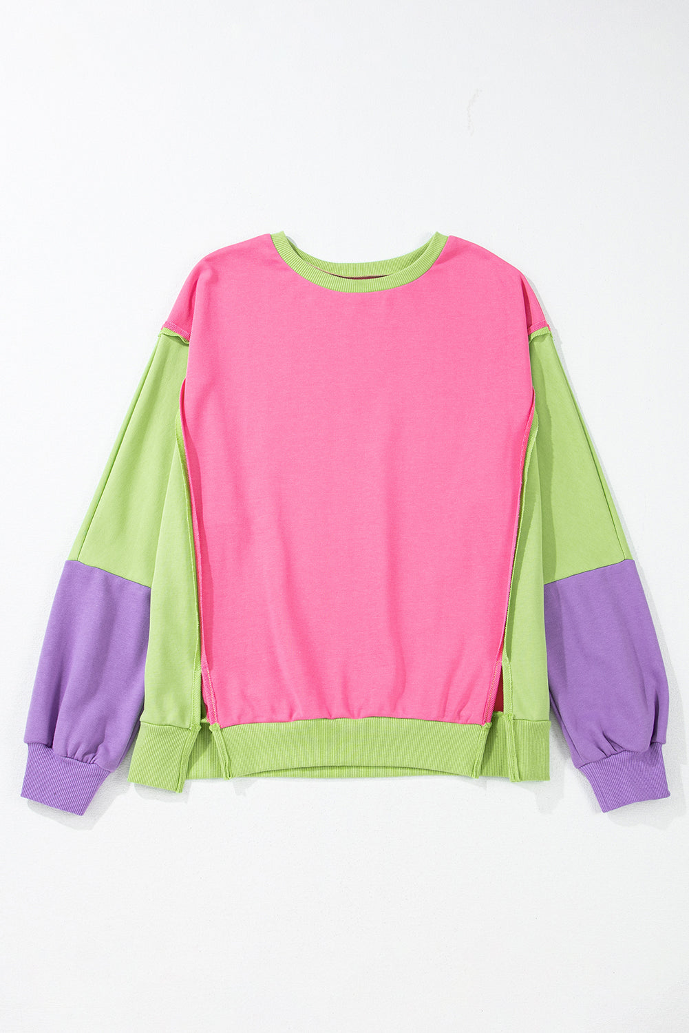 Pink Colorblock Exposed Seam Crewneck Casual Sweatshirt Sweatshirts & Hoodies JT's Designer Fashion