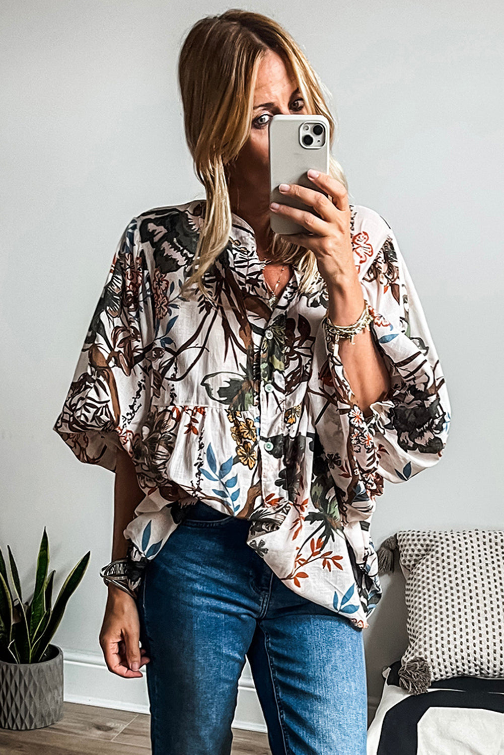 White Floral Print Balloon Sleeves Button Up Loose Casual Shirt Blouses & Shirts JT's Designer Fashion