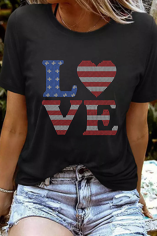 Black Rhinestone USA Flag Stripes and Stars LOVE Graphic T Shirt Graphic Tees JT's Designer Fashion