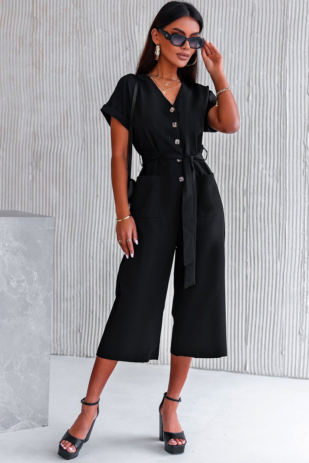 Black V Neck Pocketed Jumpsuit Jumpsuits & Rompers JT's Designer Fashion