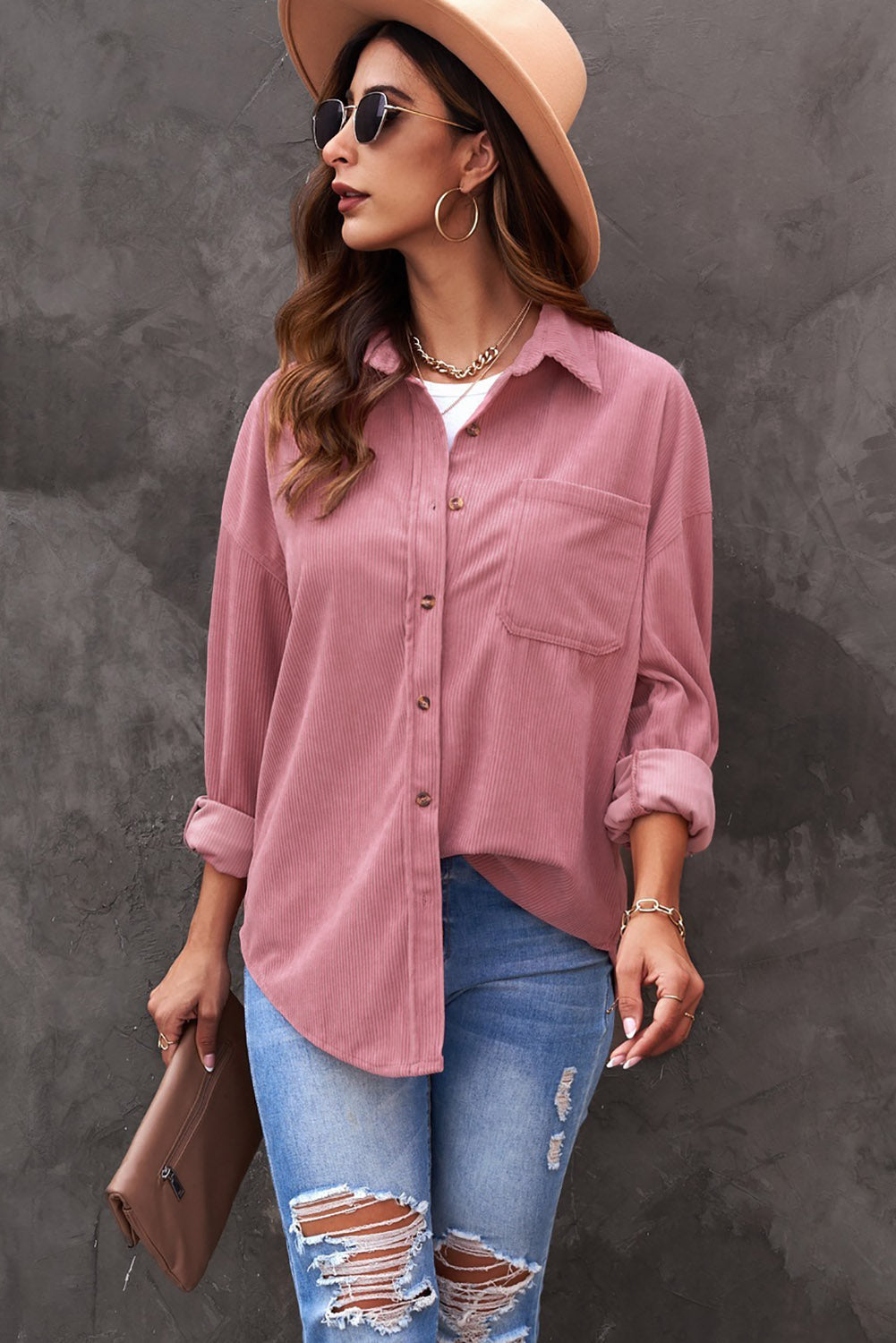 Pink Corduroy Button Pocket Shirt Blouses & Shirts JT's Designer Fashion