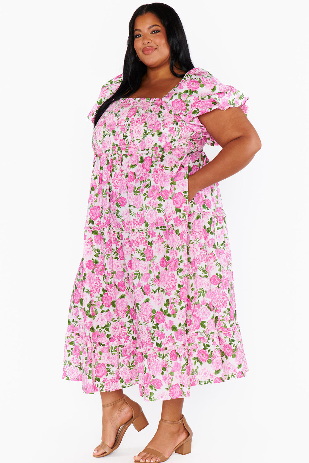 Pink Floral Smocked Puff Sleeve Long Curvy Dress Plus Size JT's Designer Fashion