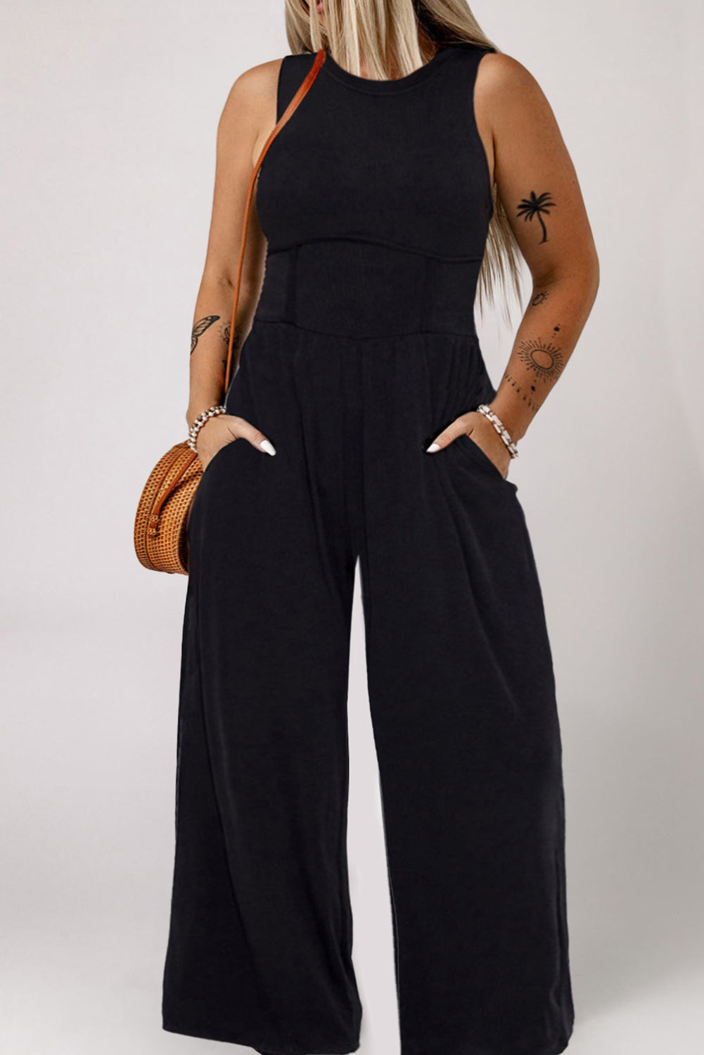 Black Sleeveless Cinched Waist Wide Leg Jumpsuit Plus Size JT's Designer Fashion