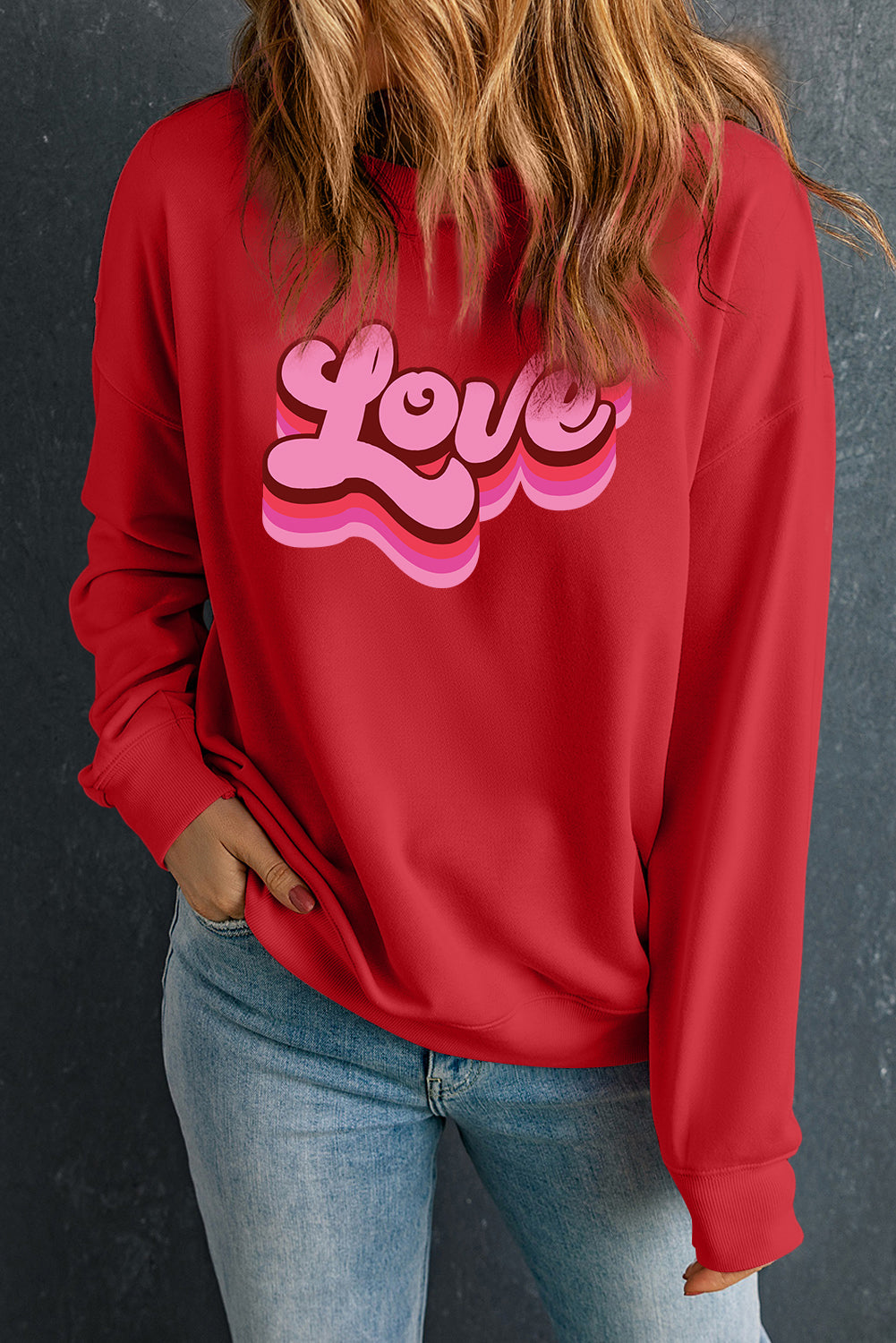 Red Love Printed Crewneck Valentines Pullover Sweatshirt Graphic Sweatshirts JT's Designer Fashion