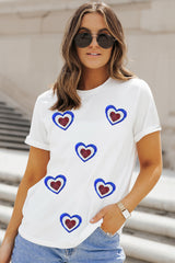 White Sequin Patriotic Heart Graphic Crewneck T Shirt Graphic Tees JT's Designer Fashion