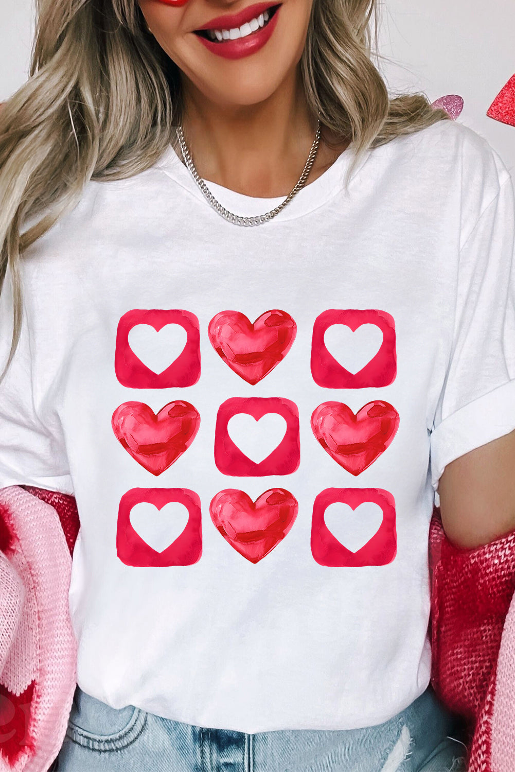 White Heart Graphic Crew Neck Valentines T Shirt Graphic Tees JT's Designer Fashion