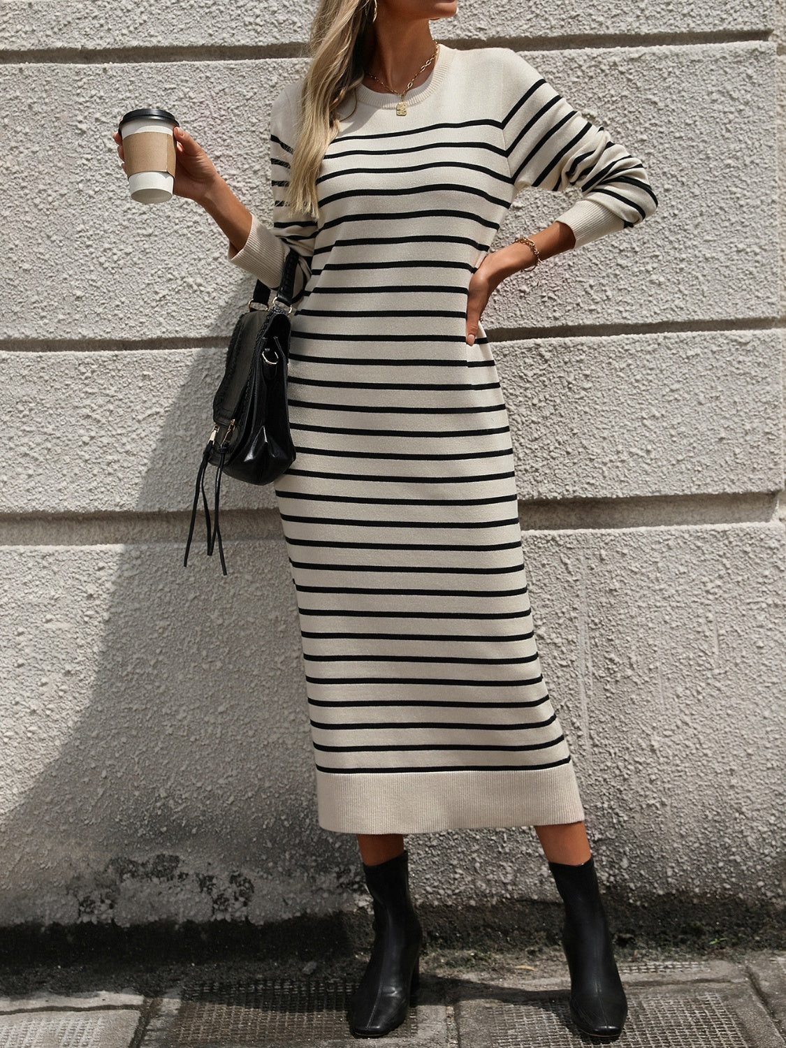 Striped Round Neck Long Sleeve Dress Midi Dresses JT's Designer Fashion