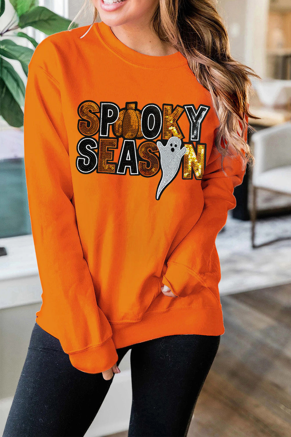 Russet Orange Sequin SPOOKY SEASON Ghost Pattern Halloween Pullover Sweatshirt Graphic Sweatshirts JT's Designer Fashion