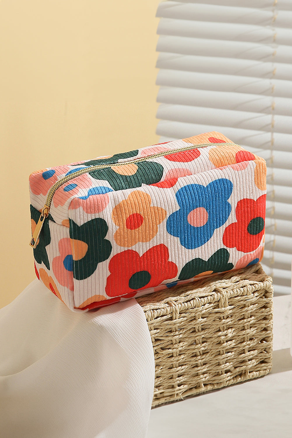 White Flower Print Zipper Square Corduroy Cosmetic Bag Makeup Bags JT's Designer Fashion