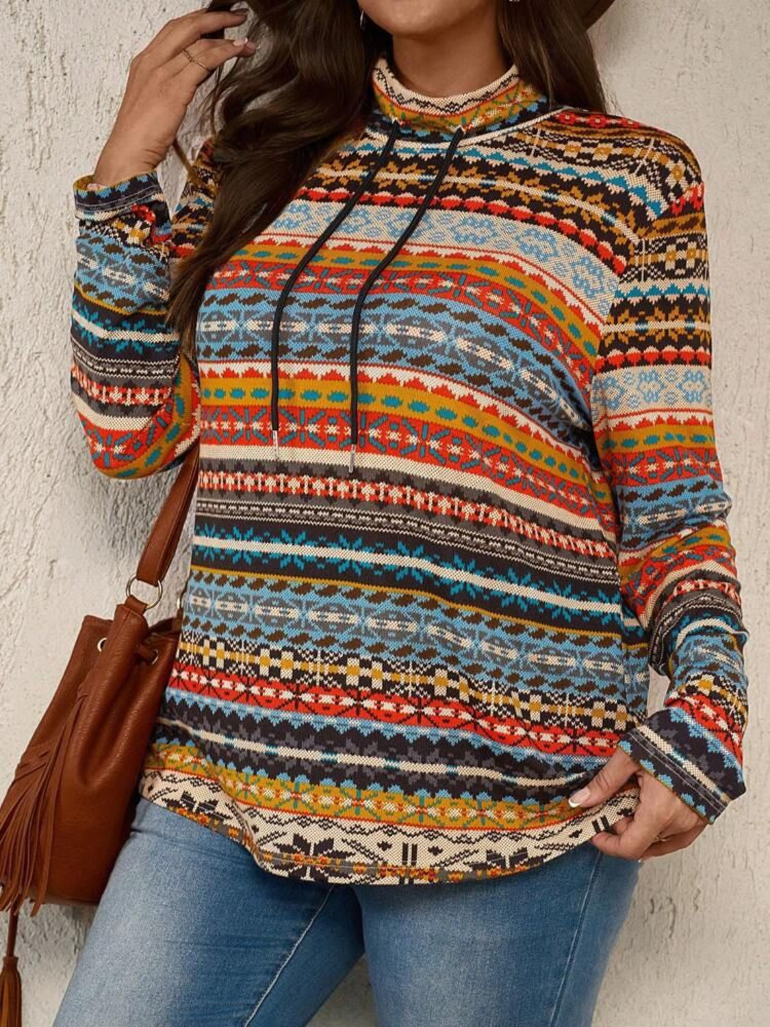 Plus Size Drawstring Printed Mock Neck Long Sleeve Top Long Sleeve Tops JT's Designer Fashion