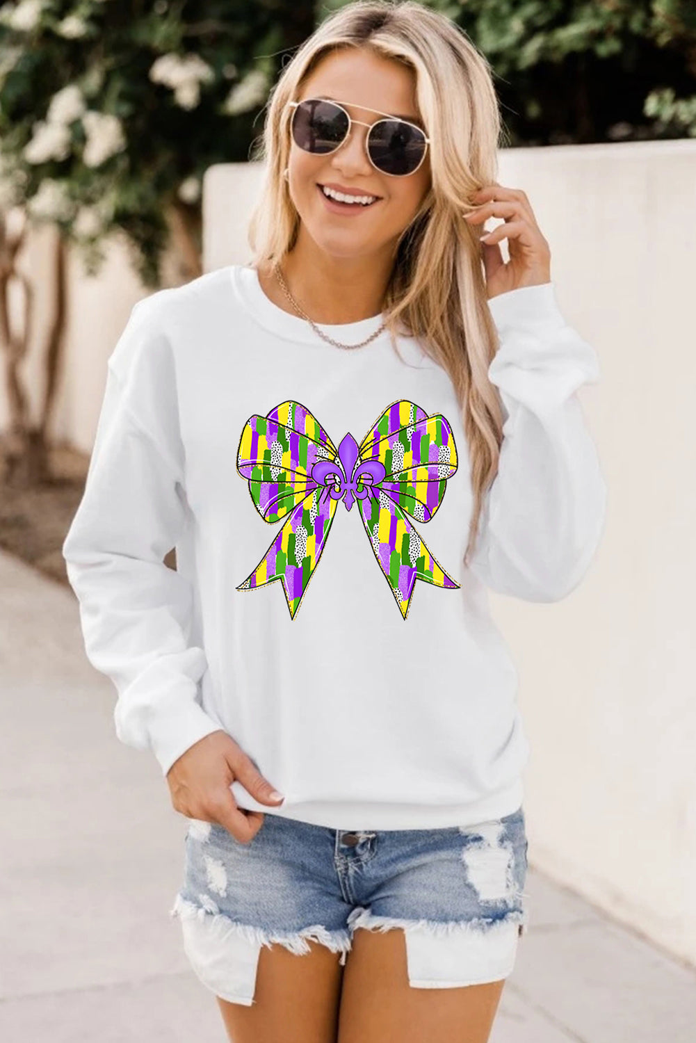 White Mardi Gras Bowknot Graphic Pullover Sweatshirt Graphic Sweatshirts JT's Designer Fashion