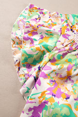 Purple Abstract Printed Ruffled Short Sleeve Notched Neck Blouse Blouses & Shirts JT's Designer Fashion