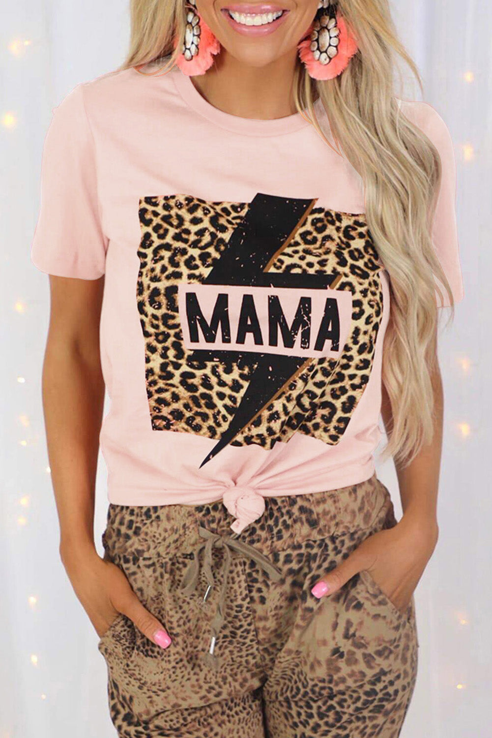 Pink MAMA Leopard Lightning Print Graphic T-shirt Pink Cotton Blends Graphic Tees JT's Designer Fashion