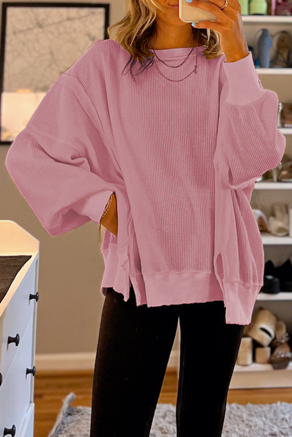 Pink Waffle Knit Bishop Sleeve Split Oversized Sweatshirt Sweatshirts & Hoodies JT's Designer Fashion